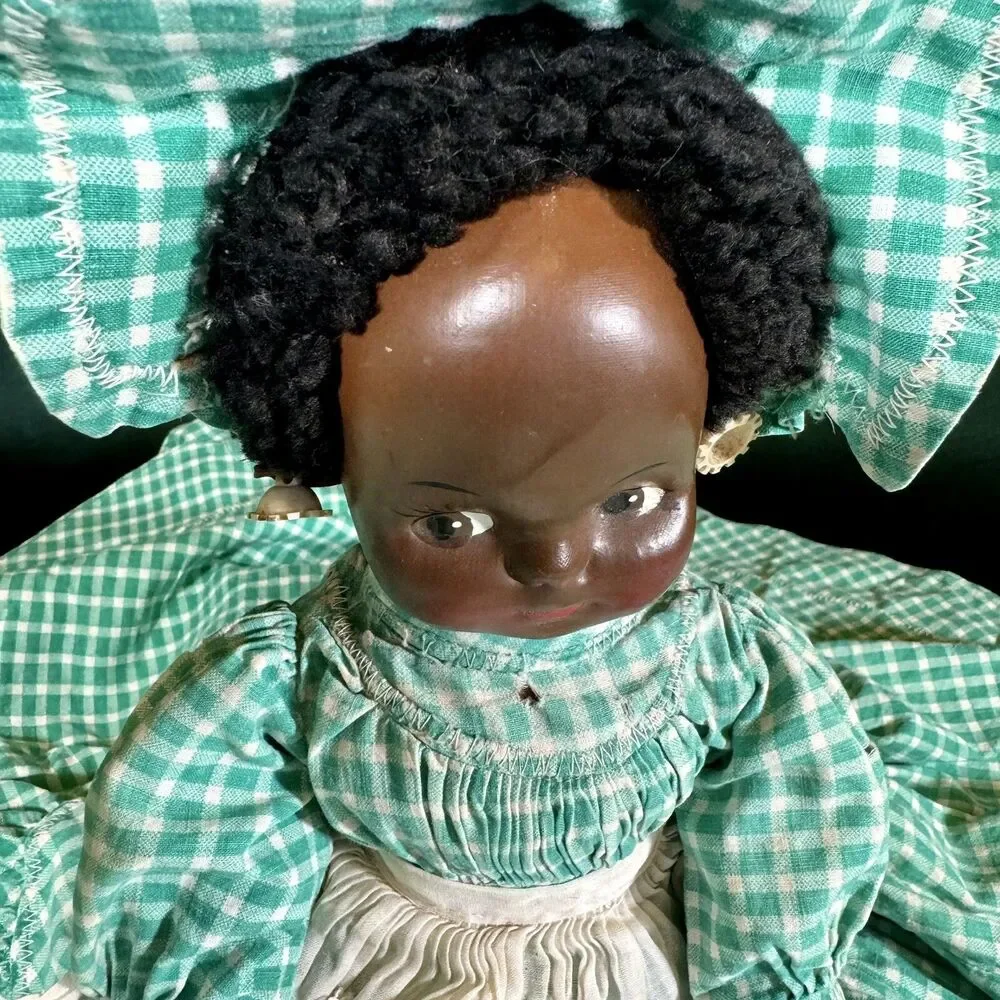 Vintage Handmade African American Doll Folk Art Decor Green Gingham Dress